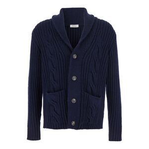 Kangra Men Blue Cardigan With Shawl Collar And Interwoven Design In Wool Man